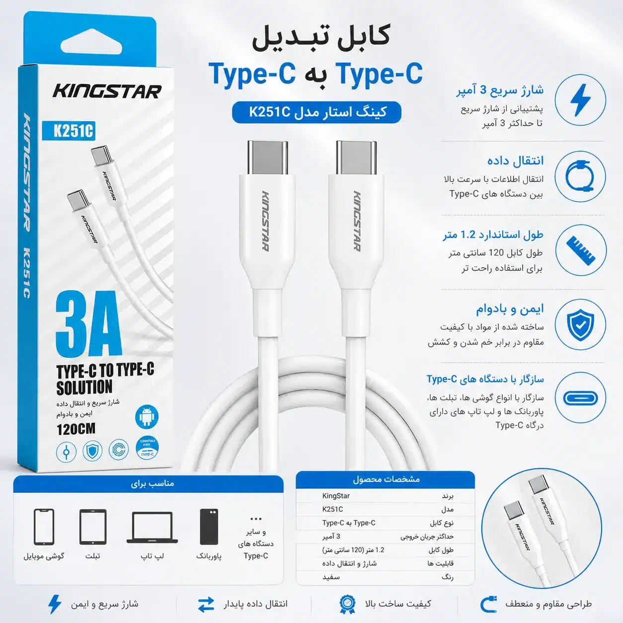 کابل تبدیل Type-C به Type-C کینگ استار (KingStar) مدل K251C با شدت جریان 3 آمپر طول 1.2 متر کابل تبدیل Type-C به Type-C کینگ استار (KingStar) مدل K251C با شدت جریان 3 آمپر طول 1.2 متر